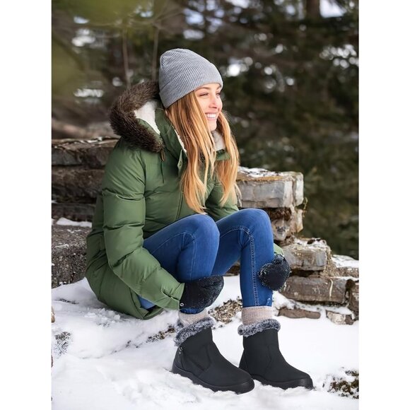 Women's Black Waterproof Winter Boots Warm Fur Lined Anti Slip Mid Calf - Picture 3 of 6